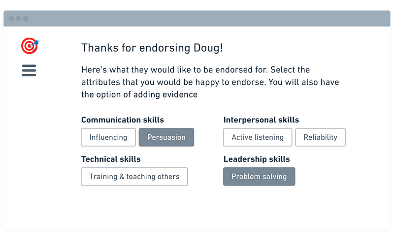 Wireframe showing option to choose which attributes to endorse