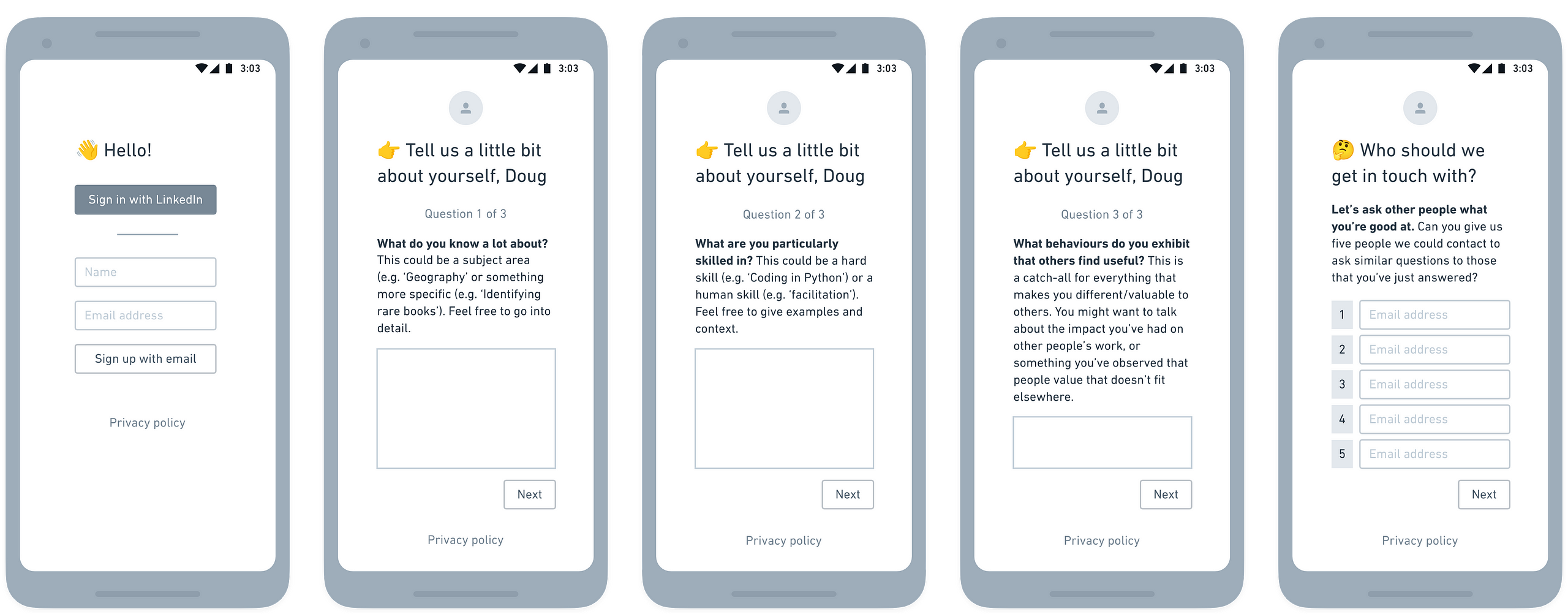 Basic wireframes showing workflow for onboarding
