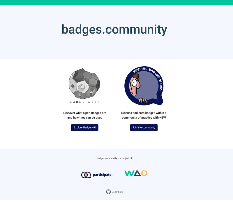 Screenshot of badges.community with links to badge.wiki and the Participate KBW community