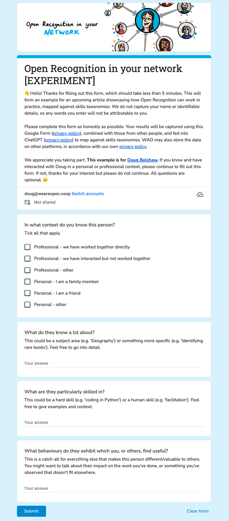 Screenshot of Google Form with questions to ask your network