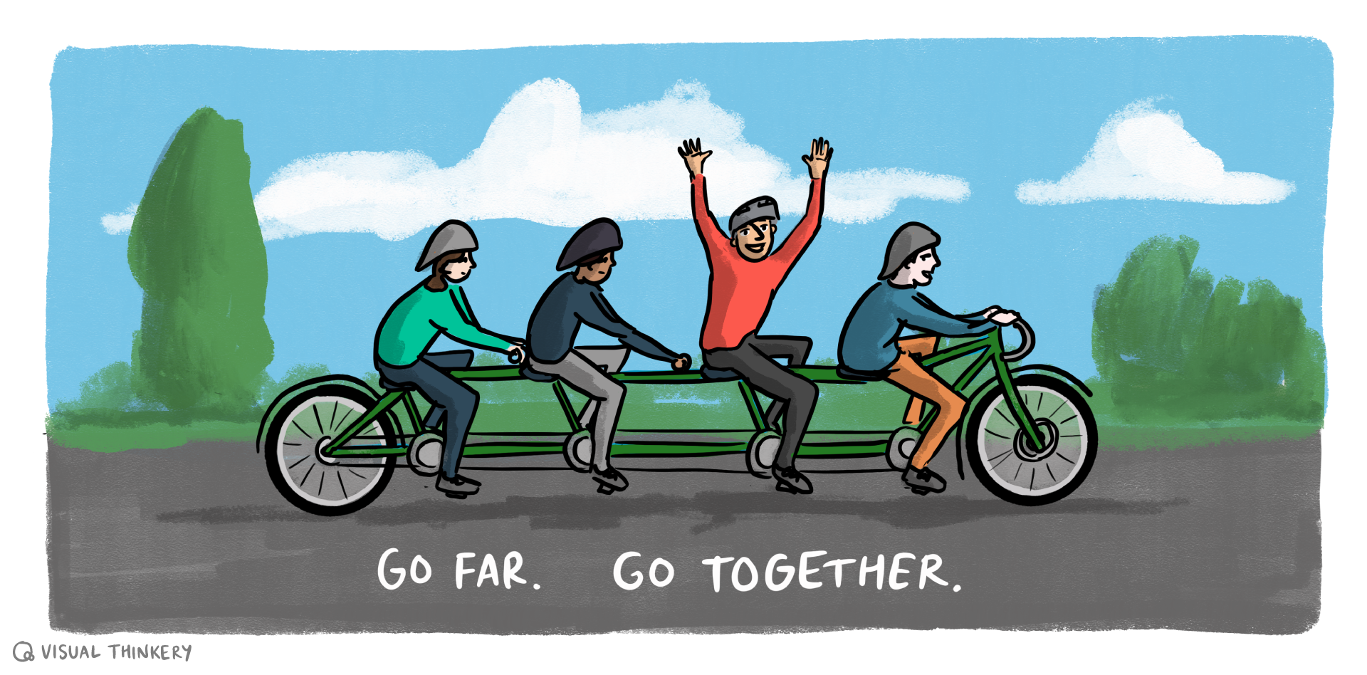 Four people on a long bicycle, one with their hands in the air, smiling 