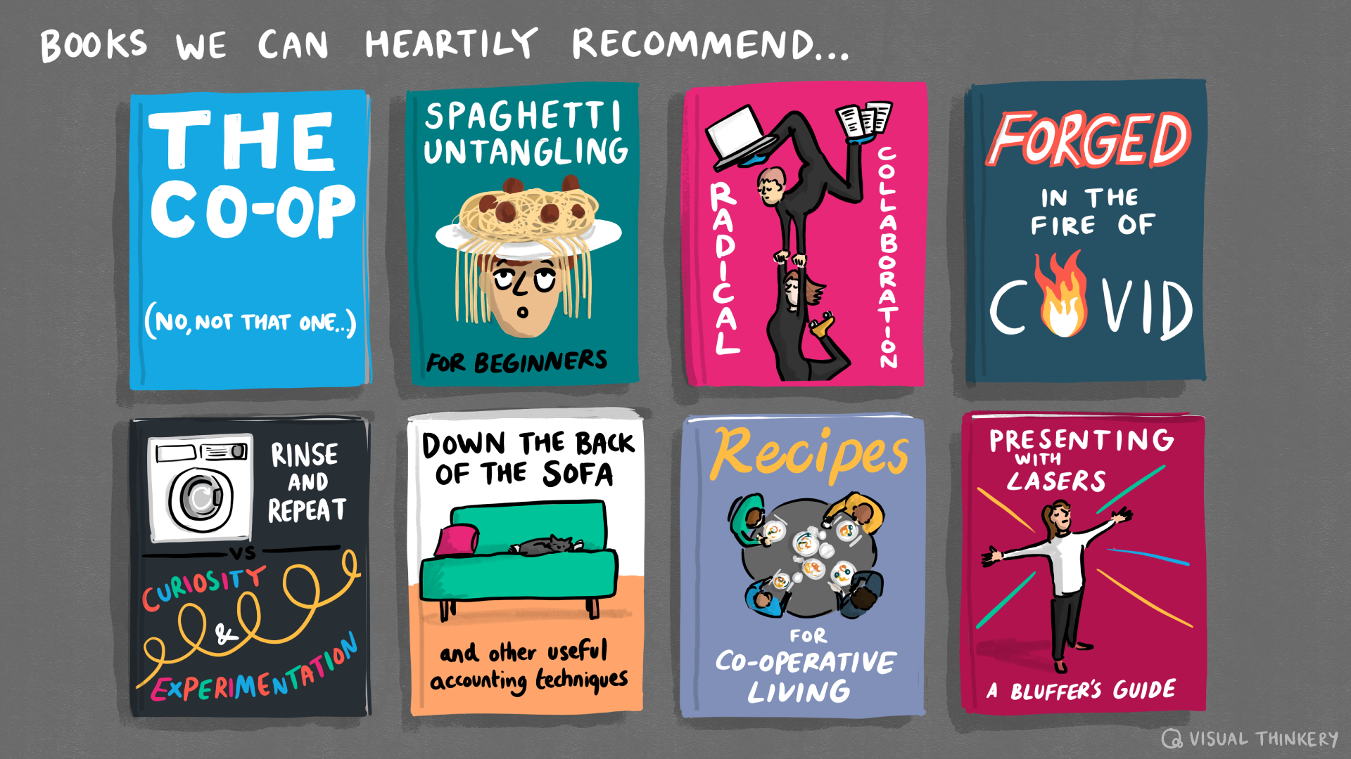 A series of 8 books with fictional covers. "Books we can heartily recommend..." include "Spaghetti Untangling for Beginners"