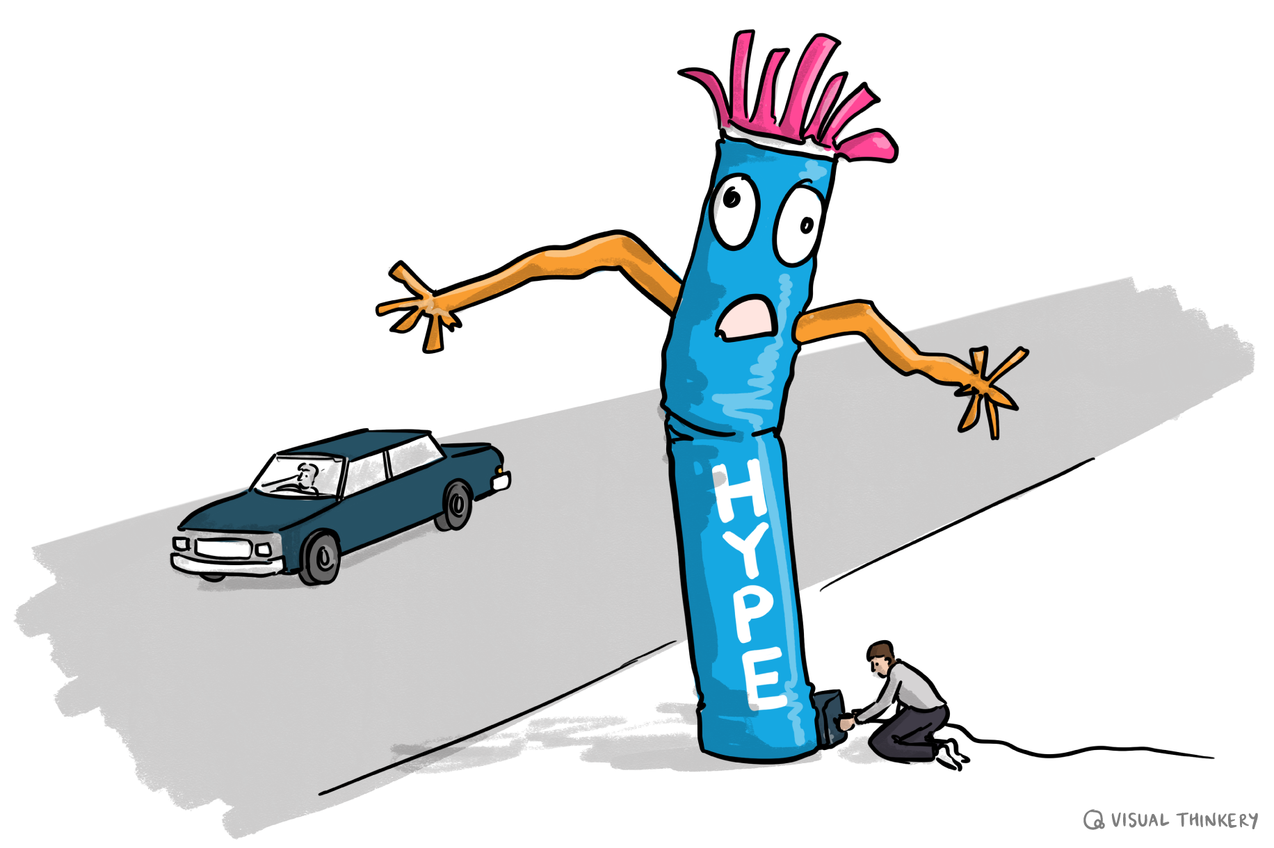 A cartoon-style inflatable tube man labeled "HYPE" with pink hair flails his arms while a person inflates him from behind as a car drives by on the road.
