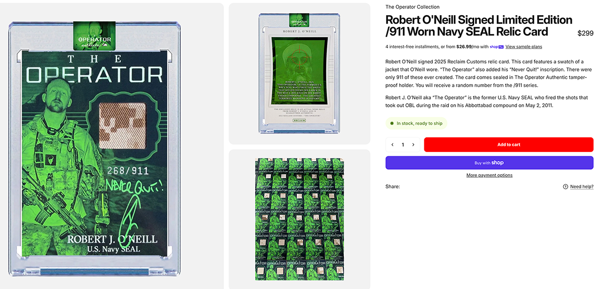 A screenshot of a trading card Robert O’Neill sells of himself in his merch store.