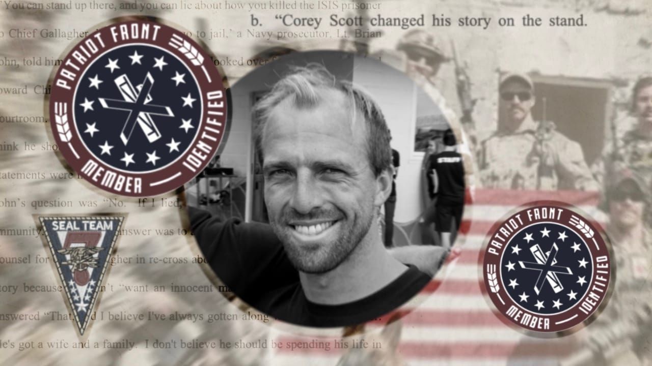 A composite image showing, at center, Corey Noel Scott, a white man with thinning dirty blonde hair and beard stubble