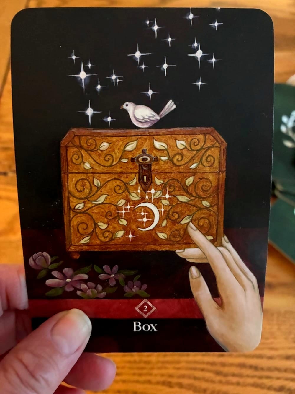 A black tarot card with a bird on top of a wood-carved box. It says "box" at the bottom, next to a hand.