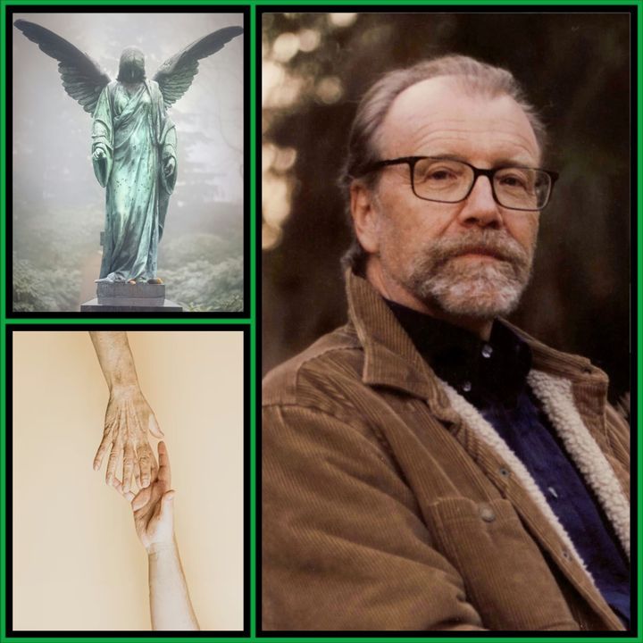 Three-panel collage: George Saunders in glasses and corduroy jacket, a weathered bronze angel statue in fog, and two hands reaching for each other against a beige background