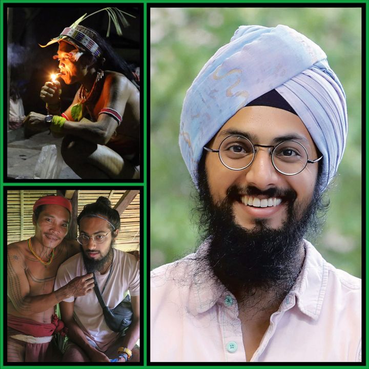 Collage: Mentawai shaman holding flame in darkness, Manvir Singh with a Mentawai man in a bamboo shelter, and a portrait of Singh smiling outdoors