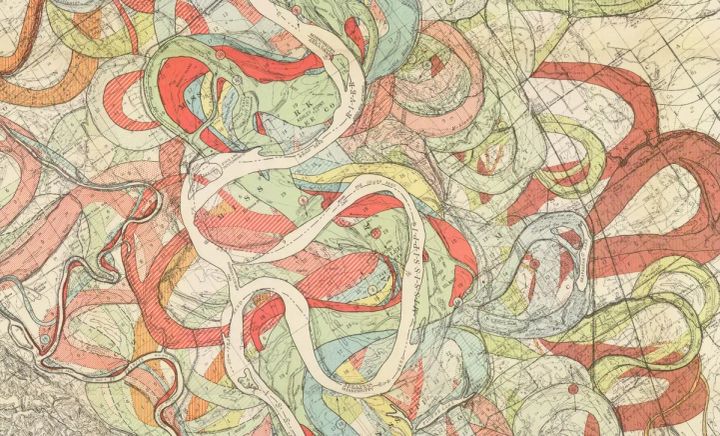 A colorful swirling geological map from 1944 that attempts to visualize the ever-shifting banks of the Mississippi River from southern Illinois to southern Louisiana.
