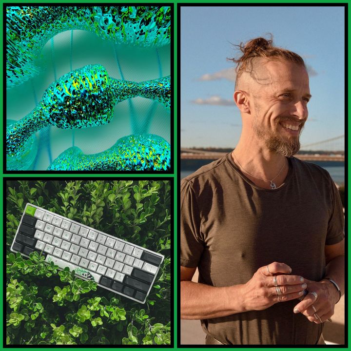 Three-panel collage with green border: top left: an abstract iridescent ribbon of green, teal, and black pixels twisting against a turquoise field, like a digital sculpture;  right: D. Gra...