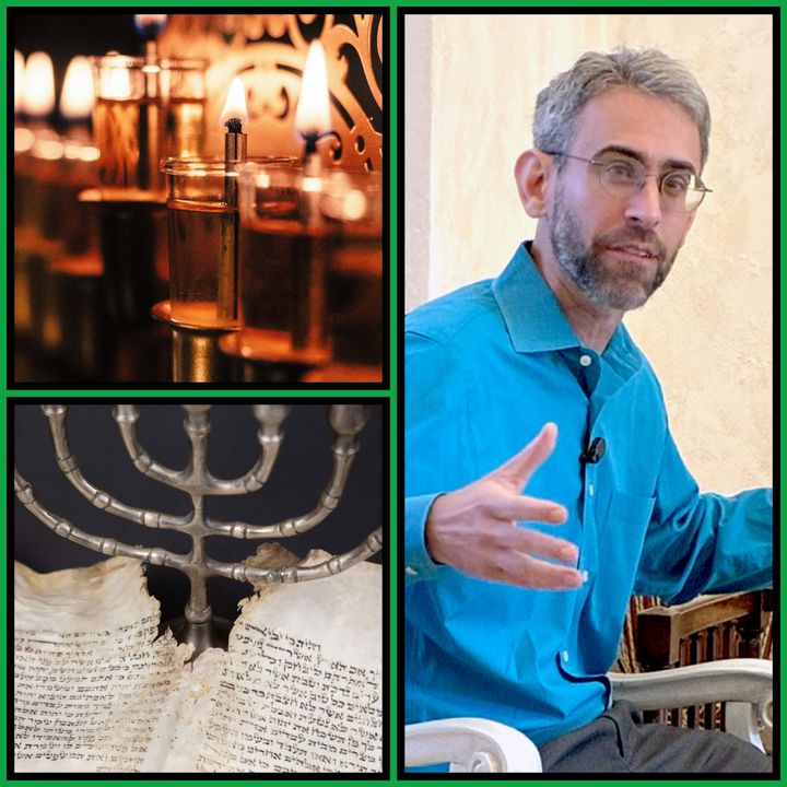 Collage: oil lamps glowing in glass cups (top left), silver menorah over a worn Hebrew scroll (bottom left), Rabbi Geoff Mitelman speaking (right)