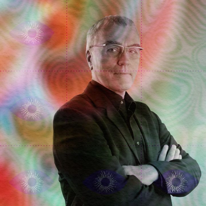 Portrait of Thomas Metzinger in half-rim glasses and a black jacket, arms crossed, against a coral-and-green psychedelic swirl.