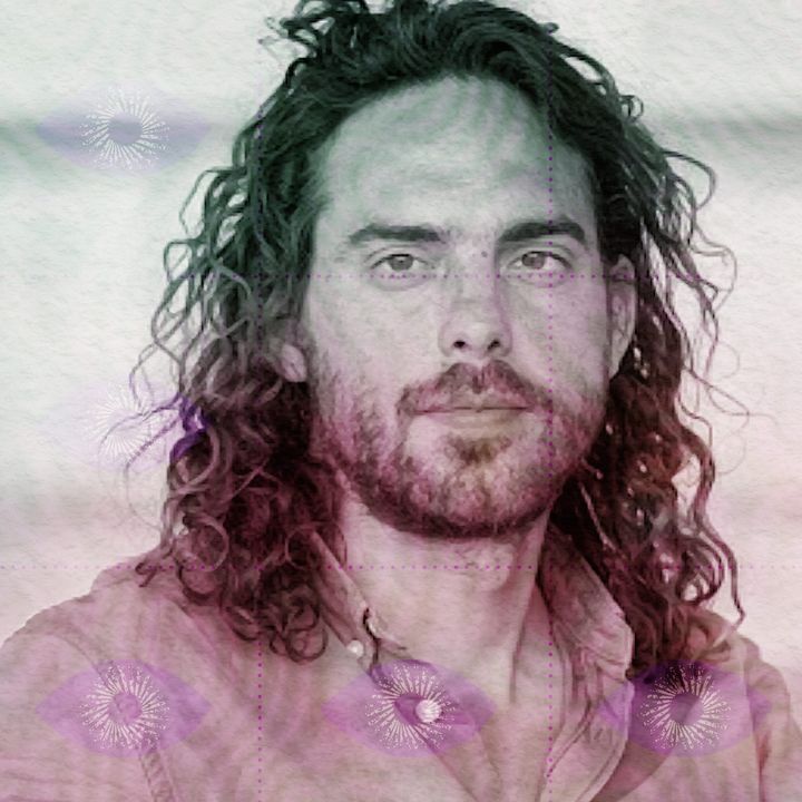 Portrait of Chris Timmermann with long dark curly hair and a beard, gazing calmly at the camera, in a pale pink-and-grey wash.