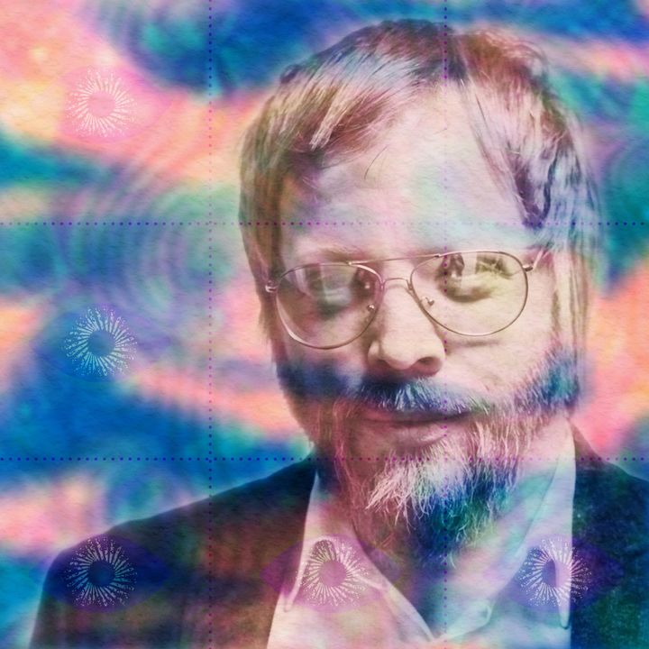 Portrait of philosopher Peter Sjöstedt-Hughes in aviator glasses, glancing down with a slight smile, in a pink-and-teal psychedelic colour wash.