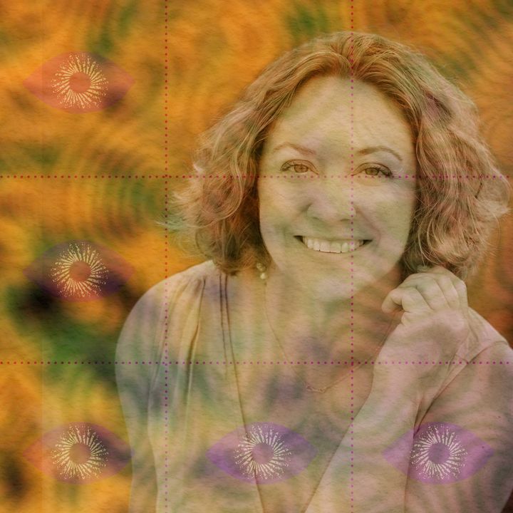 Portrait of Katherine MacLean smiling with wavy hair and a hand at her shoulder, softened into an orange-and-green swirl wash.