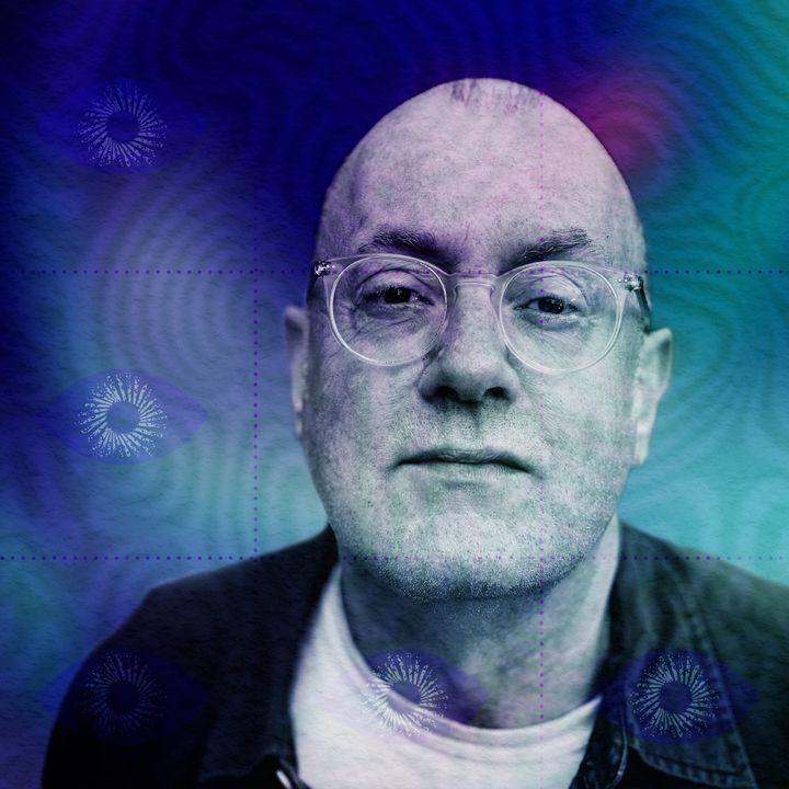 Portrait of Mike Jay, bald with clear round glasses, looking straight at the camera through a blue-and-teal psychedelic colour wash.