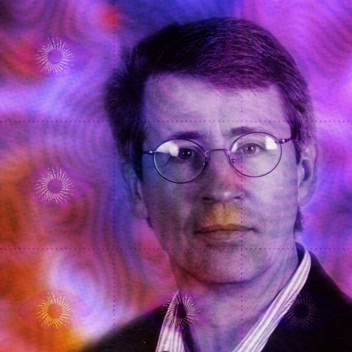 Portrait of Chris Bache in round wire glasses and a striped shirt, washed in violet, magenta and orange psychedelic colour.