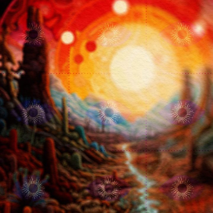 An eclipsed sun blazes over a psychedelic desert canyon of cacti, with a river winding toward the horizon.