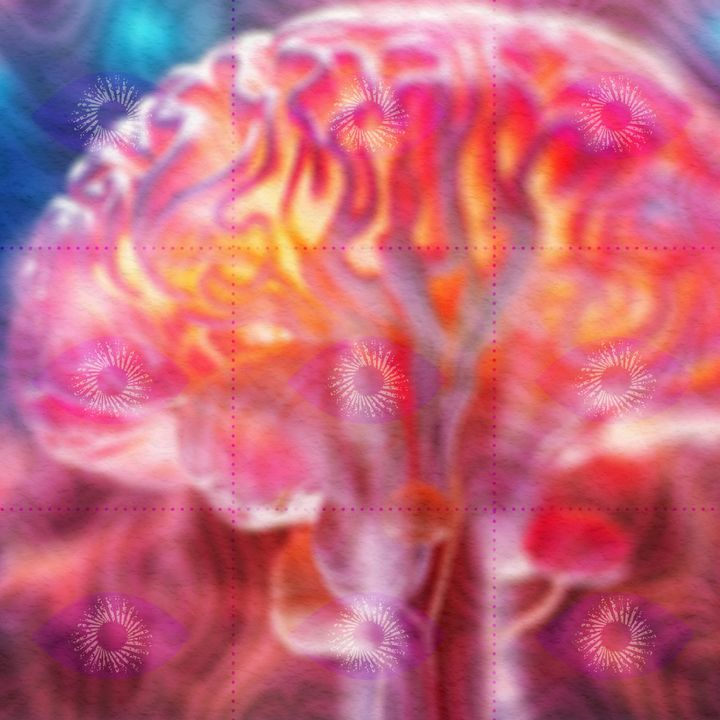 A glowing translucent brain rising from a mushroom stem, painted in pink, orange and teal.