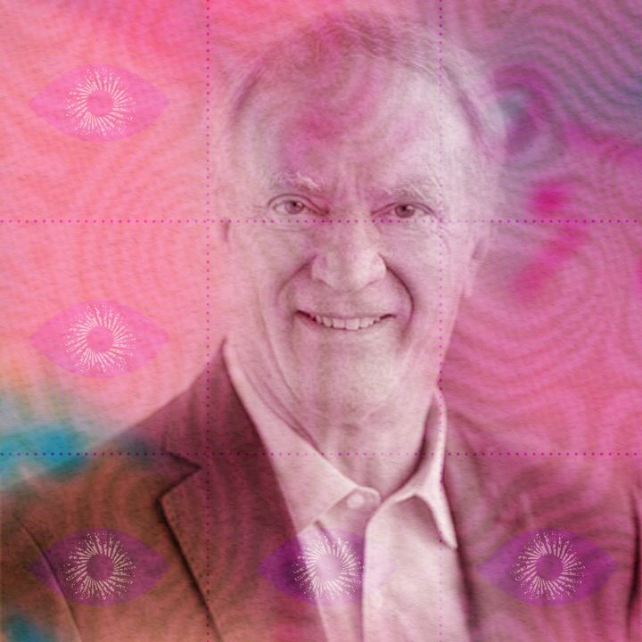 Portrait of Bill Linton, smiling in a blazer and open-collar shirt, in a pink-and-magenta psychedelic colour wash.