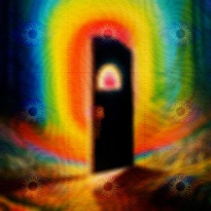 A black door stands open in a rainbow halftone glow, a small prismatic light shining through its keyhole.