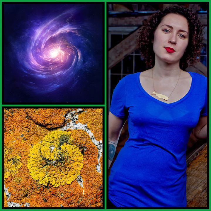 Collage: a violet spiral galaxy (top left), orange and yellow lichen on granite (bottom left), and Maria Popova in a blue t-shirt and whale-pendant necklace in a wood-beamed room (right)