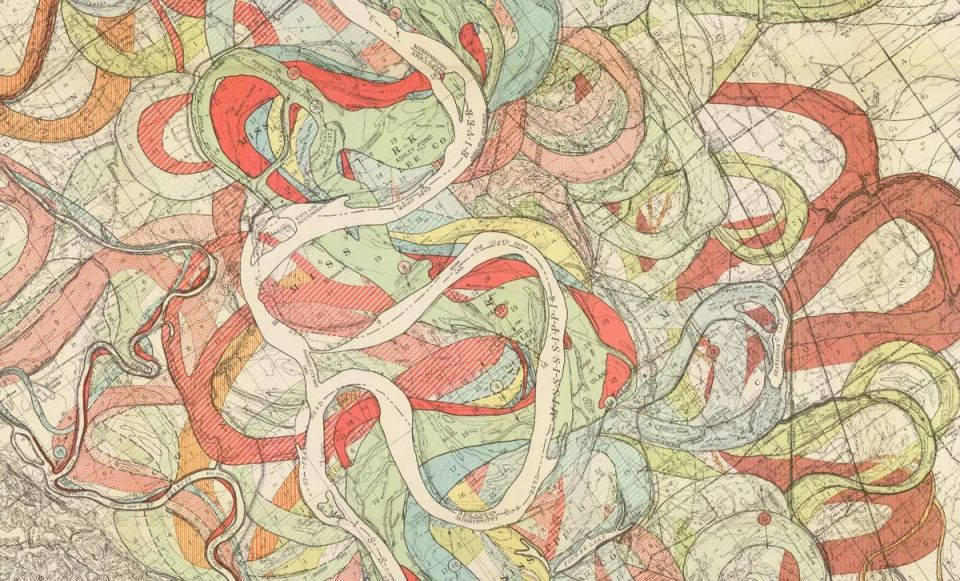 A colorful swirling geological map from 1944 that attempts to visualize the ever-shifting banks of the Mississippi River from southern Illinois to southern Louisiana.