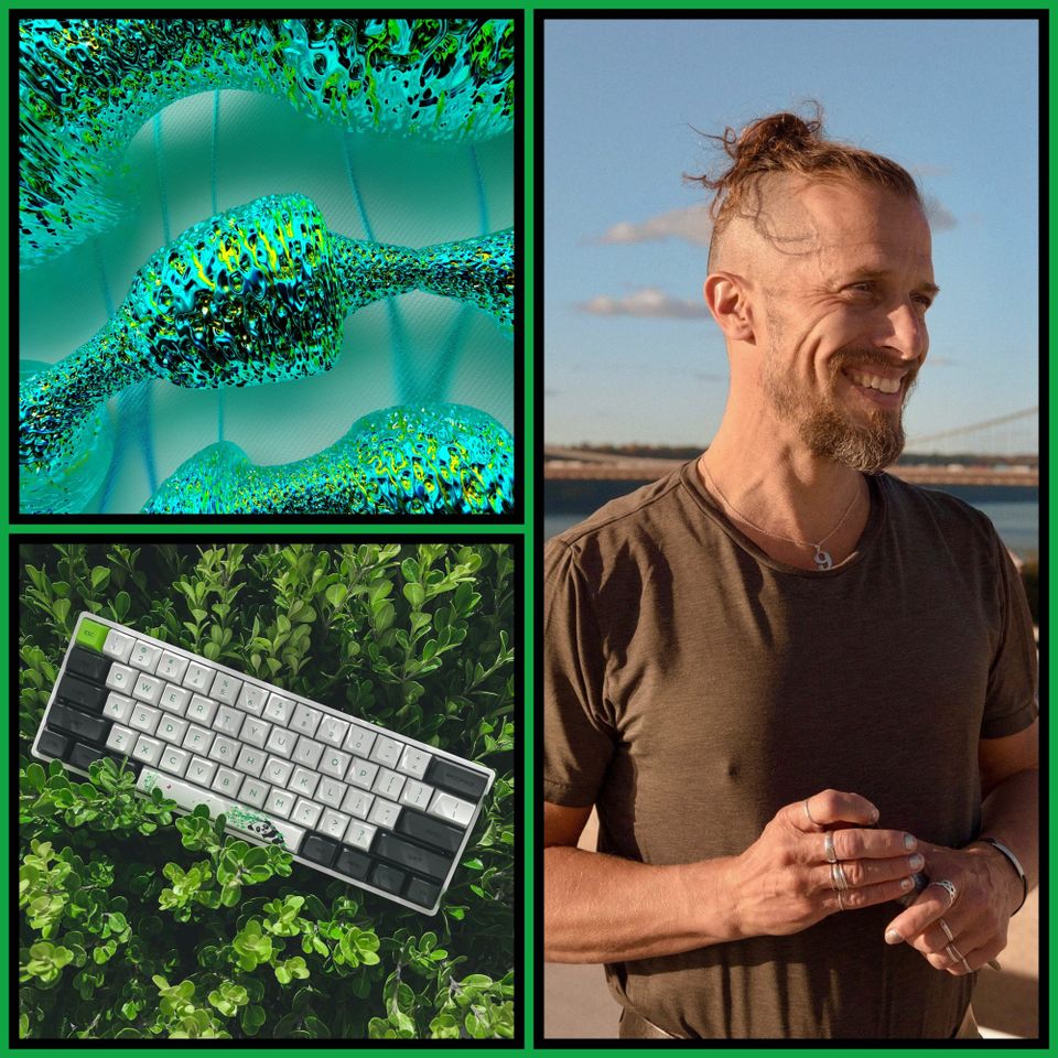 Three-panel collage with green border: top left: an abstract iridescent ribbon of green, teal, and black pixels twisting against a turquoise field, like a digital sculpture;  right: D. Gra...