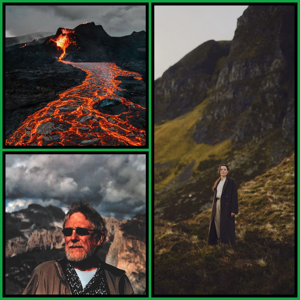 Three-panel collage with green border: top left, an erupting volcano sending a river of molten orange lava across black rock under a heavy gray sky; right, writer Cal Flyn standing in a lo...
