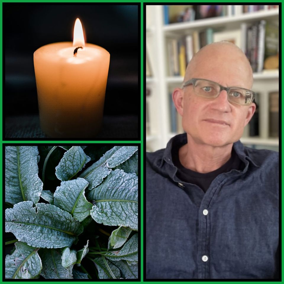 Three-panel collage with green border: top-left a lit pillar candle against a dark background, bottom-left frost-rimmed green leaves, right poet Christian Wiman in glasses and a denim shirt.