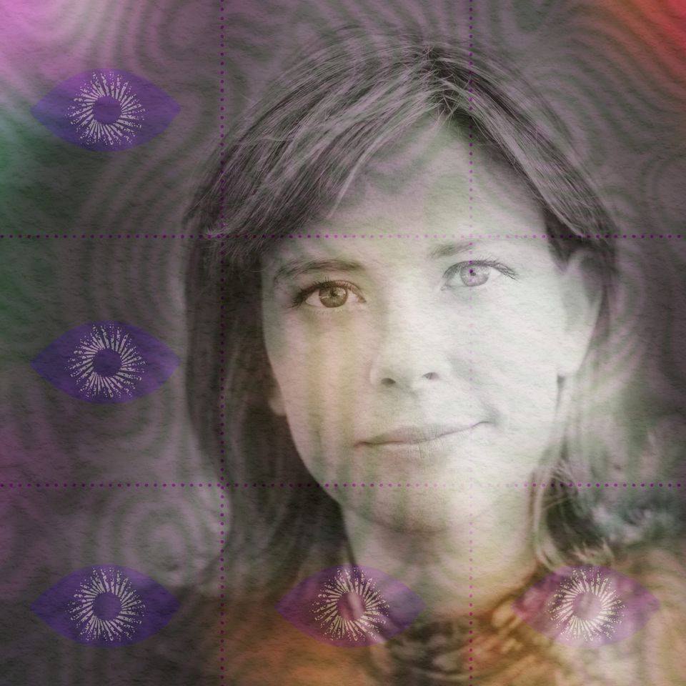 Portrait of Susannah Cahalan with shoulder-length hair and a soft smile, in a muted violet-and-green psychedelic wash.