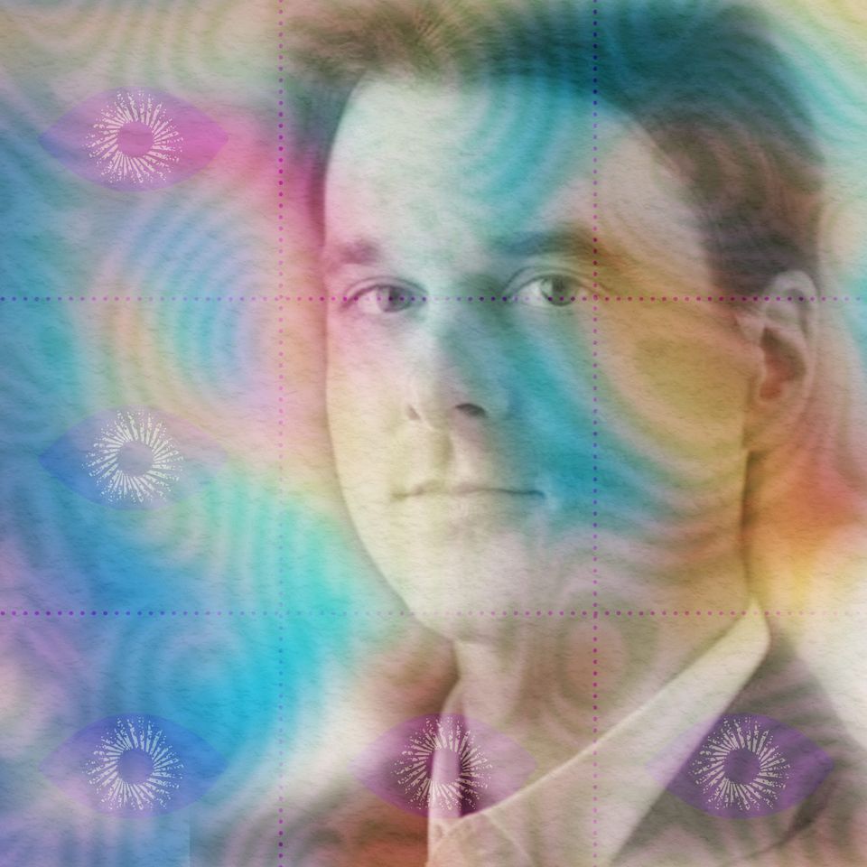 Portrait of Brian Muraresku in a dark suit and open white collar, head turned slightly, under a pastel rainbow ripple wash.