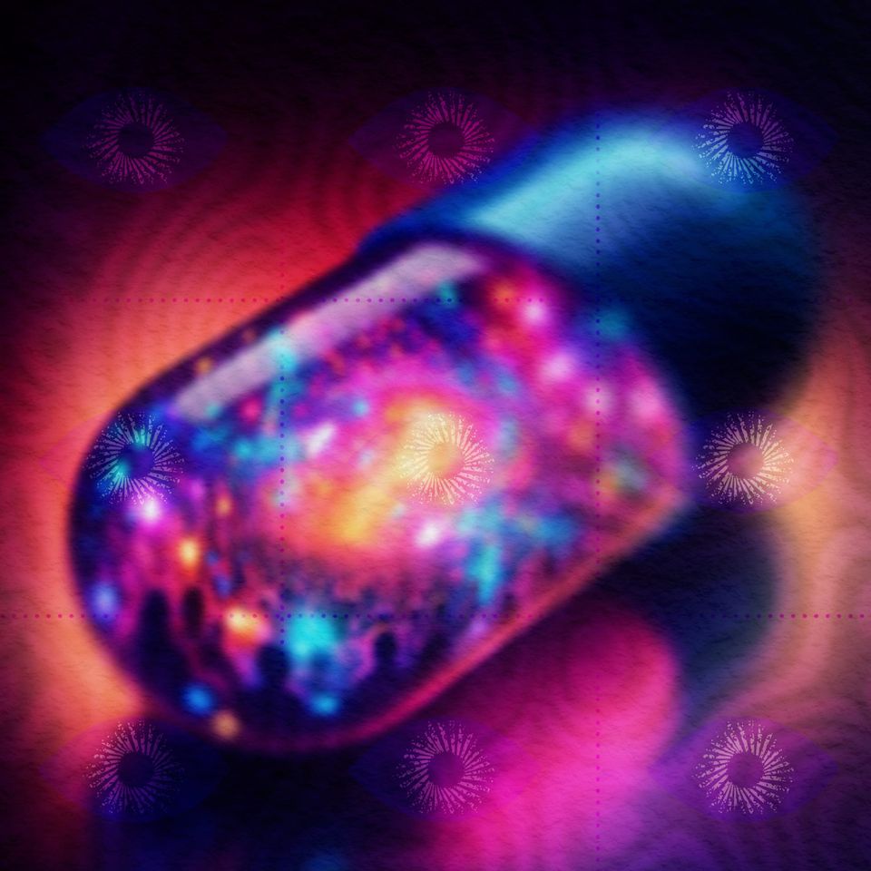 A glowing capsule pill filled with a swirling galaxy of pink, blue and orange light, surrounded by faint eye motifs on a dark red field.