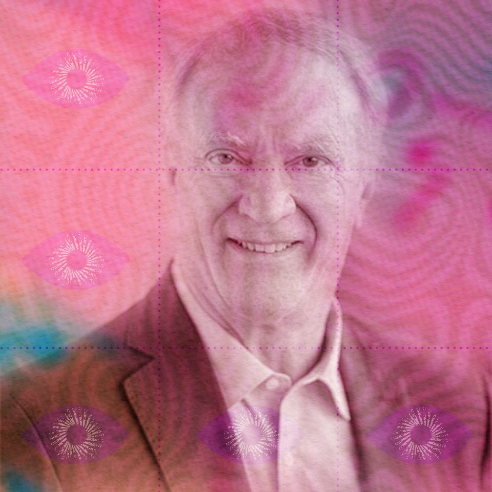 Portrait of Bill Linton, smiling in a blazer and open-collar shirt, in a pink-and-magenta psychedelic colour wash.