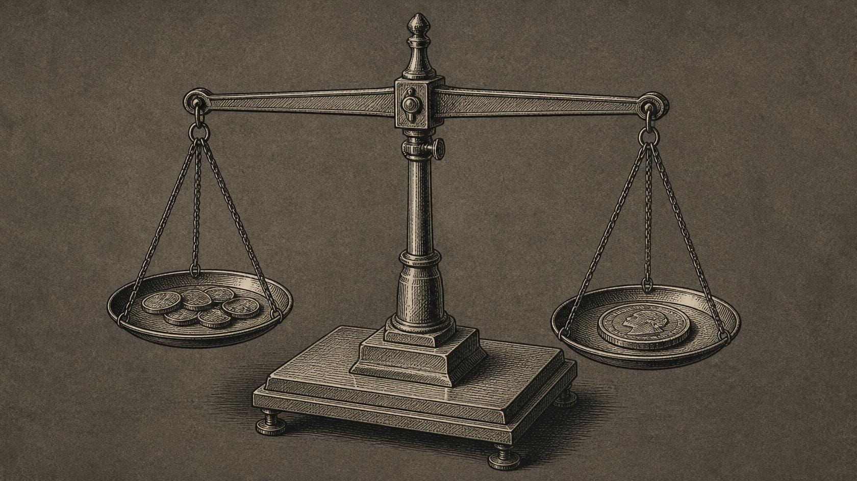 Engraved drawing of a set of balance scales, one pan holding several small coins and the other a single larger coin, the beam level.