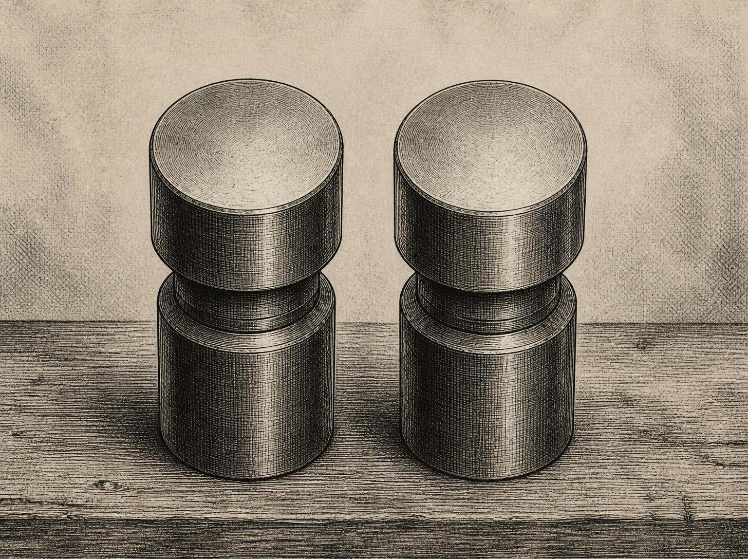 Engraved drawing of a pair of coin dies standing upright beside each other, their faces worn smooth and unmarked.