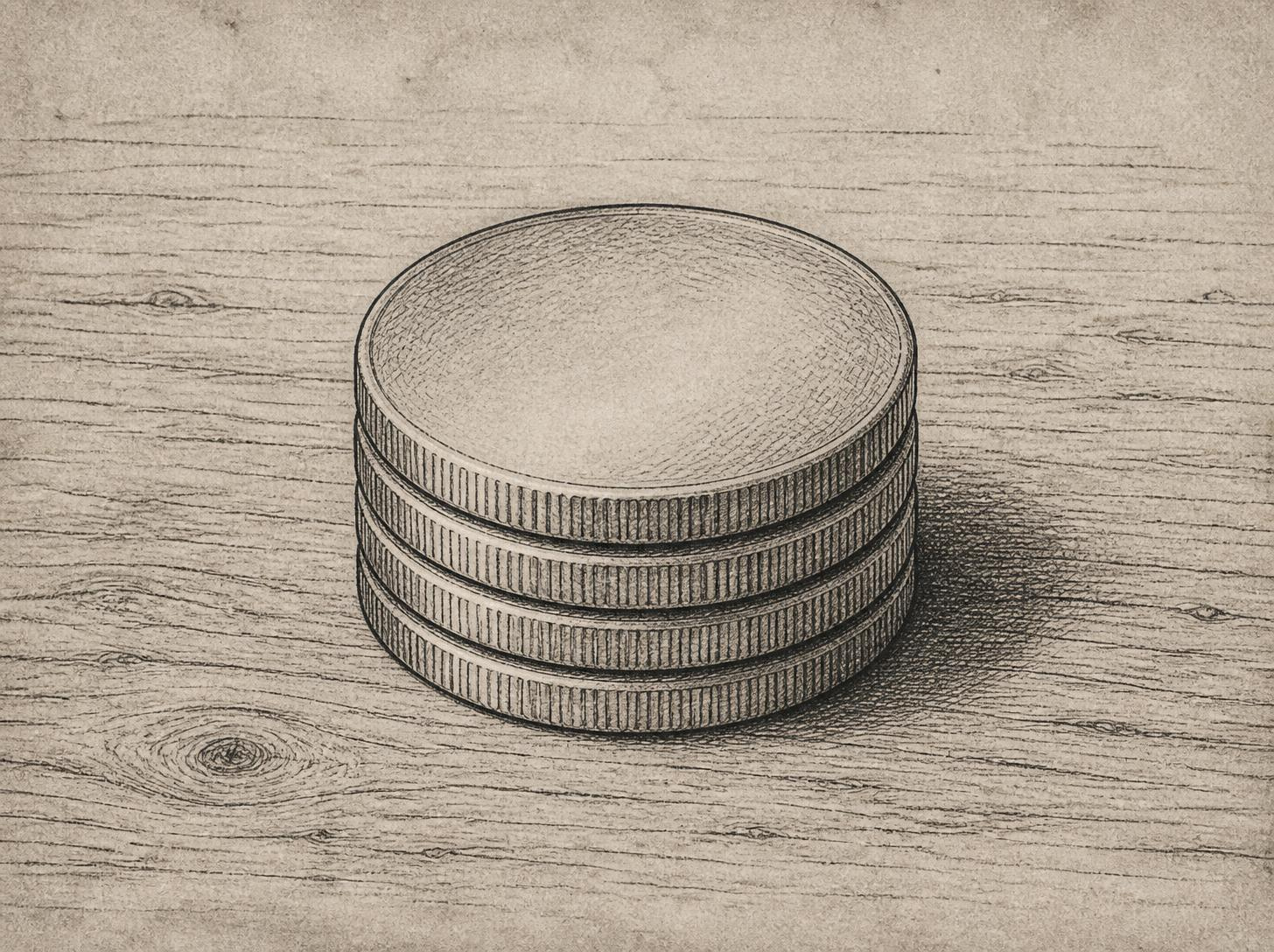 Engraved drawing of a short stack of plain bullion coins resting on a bare wooden counter, seen from slightly above.