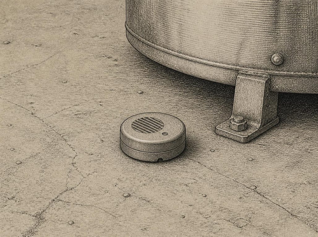Engraved drawing of a small round battery leak alarm lying on a bare concrete floor beside the foot of a steel tank.