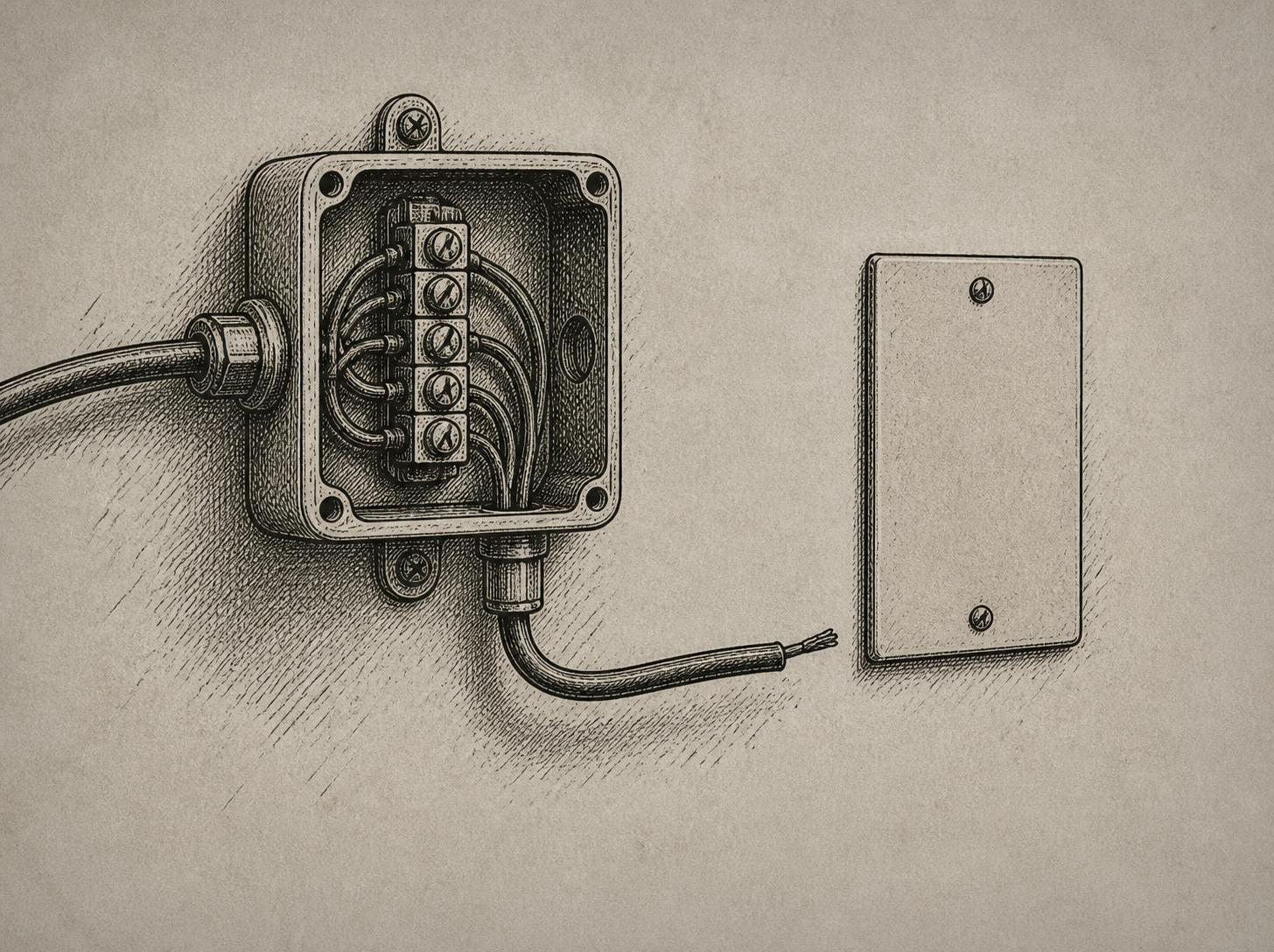 Engraved drawing of an open junction box with its cover removed, one cable ending at a blank plate and a second cable running off out of frame.