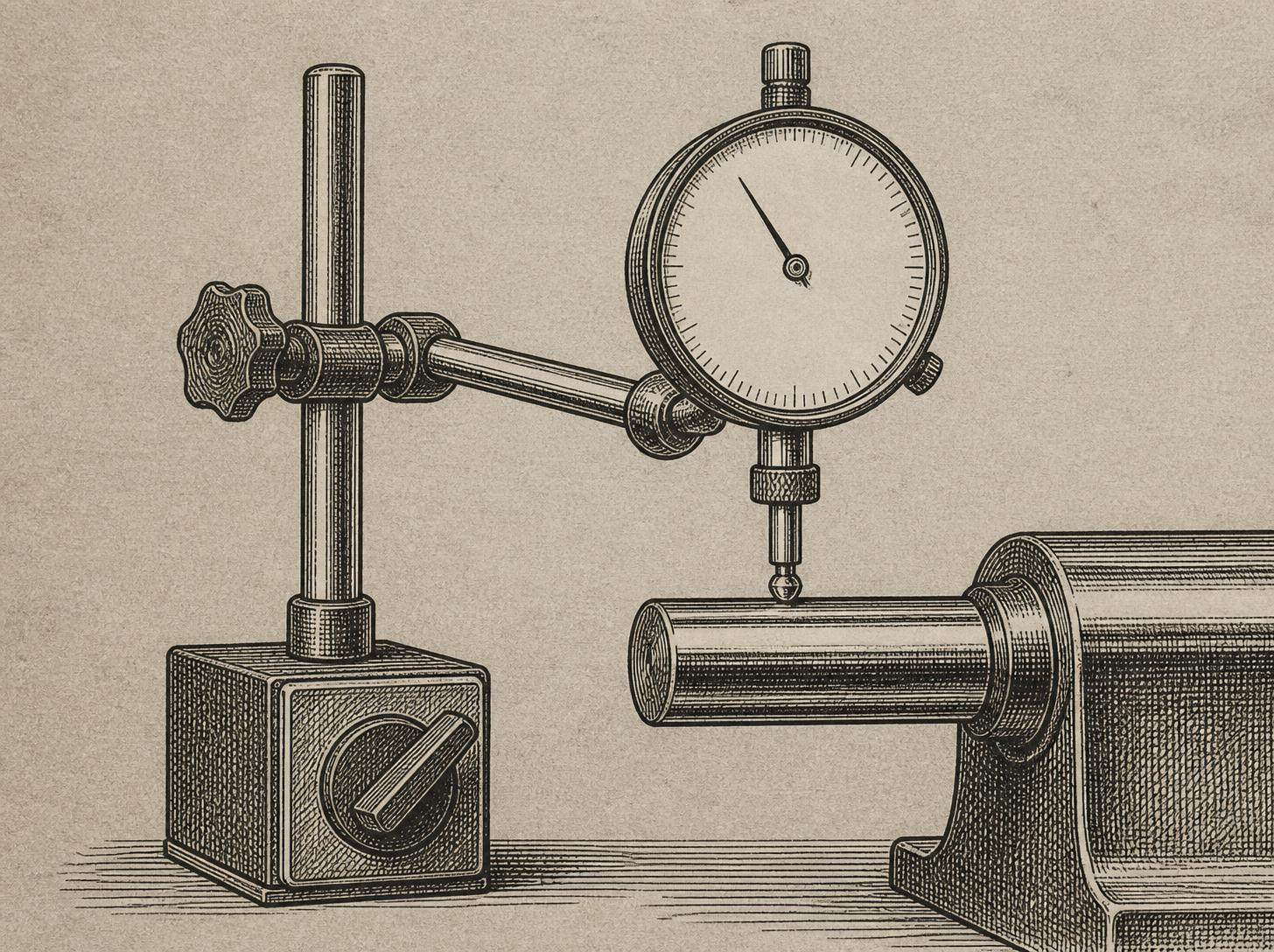 Engraved drawing of a machinist's dial indicator resting against a shaft, its needle held off centre.