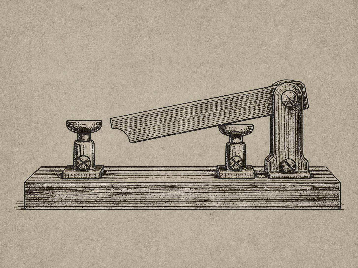 Engraved drawing of a two-position knife switch on a board, the blade caught partway between contacts.