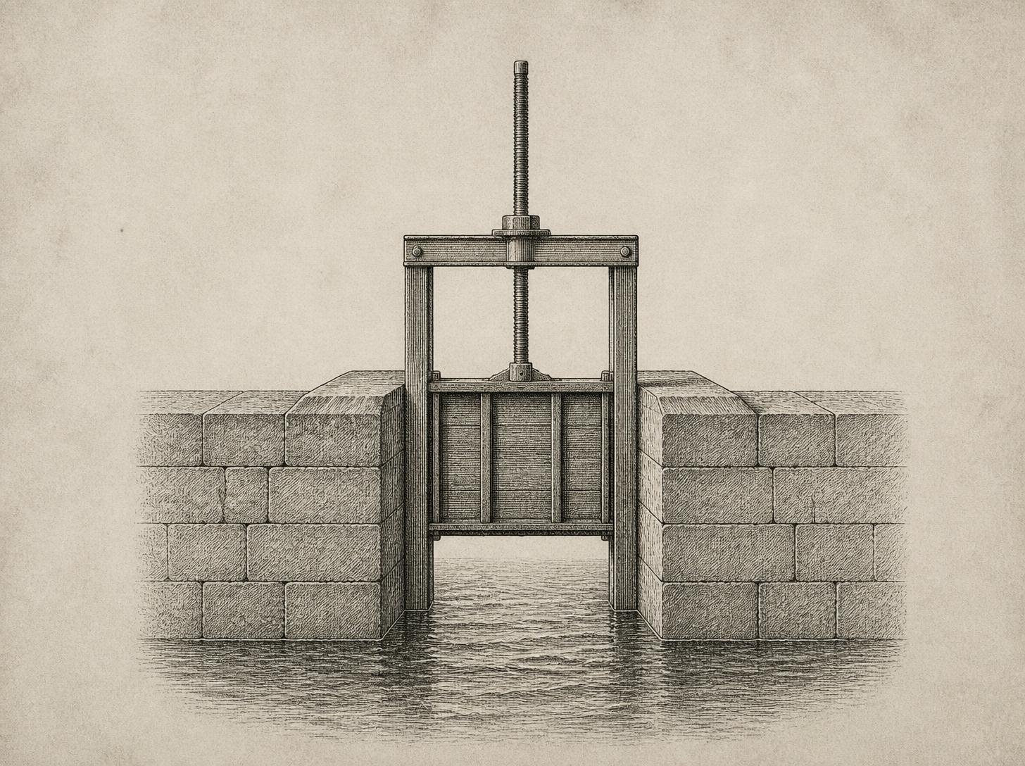 Engraved drawing of a sluice gate in a channel wall, raised partway, with the fixed frame and threaded stem above it.