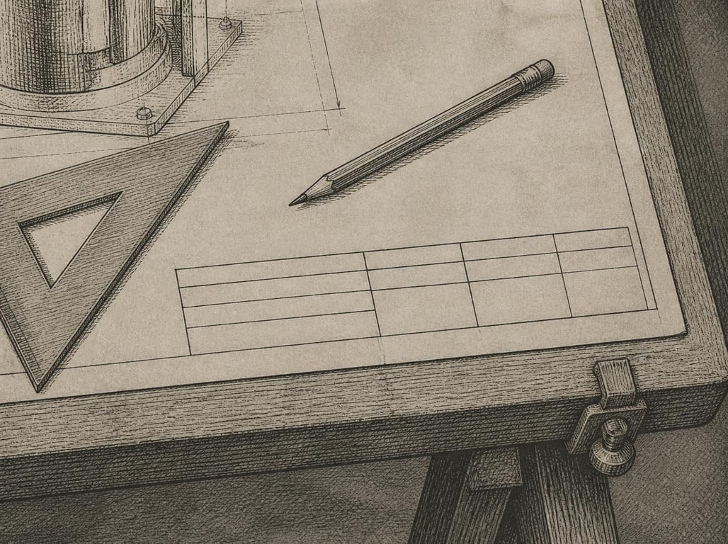 Engraved drawing of a technical drawing sheet with a revision change block ruled into the lower corner.