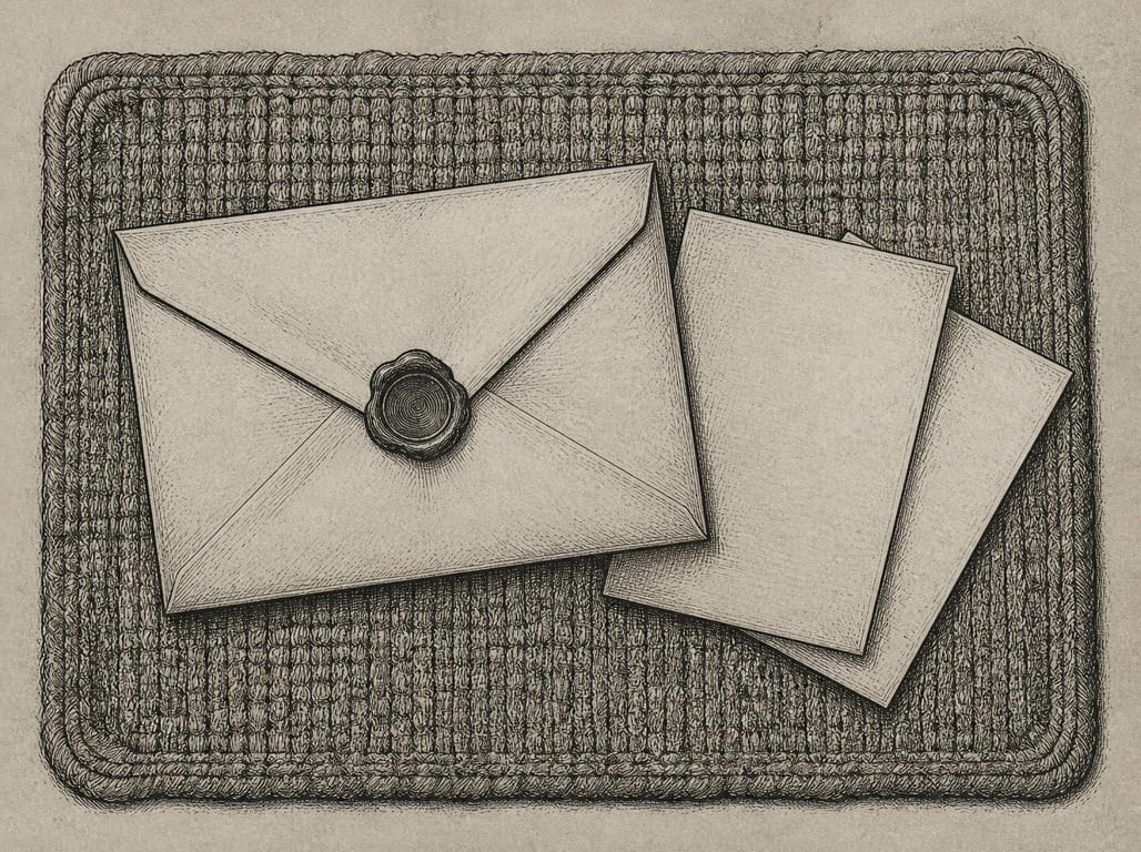 Engraved drawing of a heavy sealed envelope lying unopened on a doormat beside two thinner circulars.