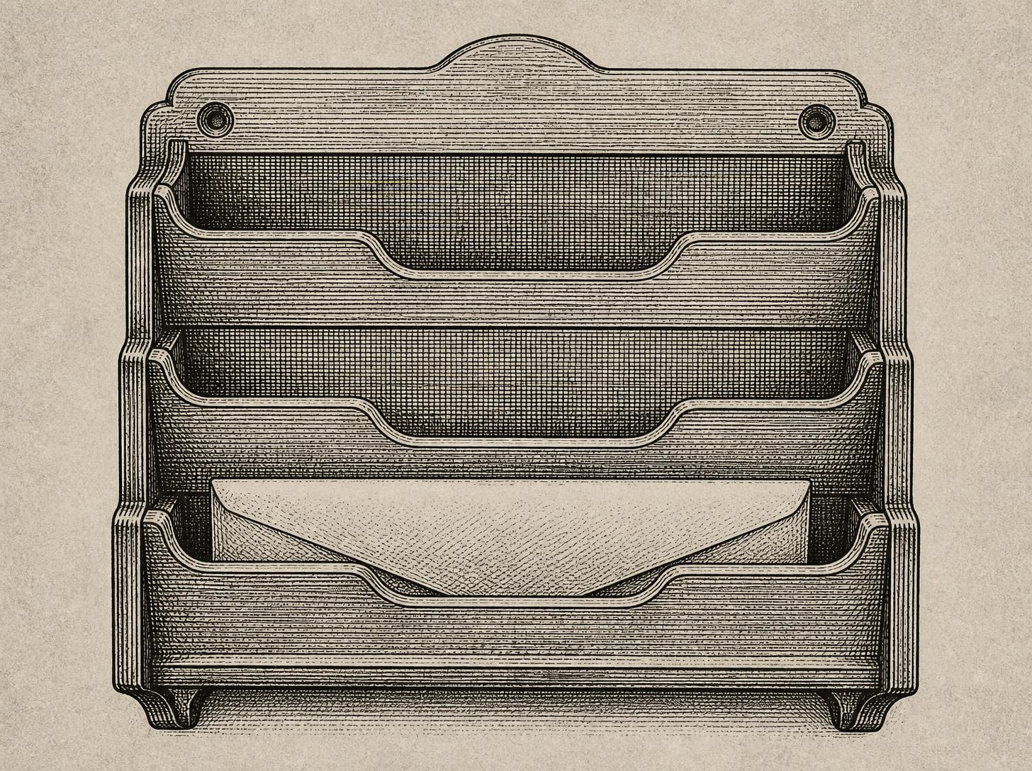 Engraved drawing of a brass desk perpetual calendar with two rotating drums, standing alone on a bare surface.