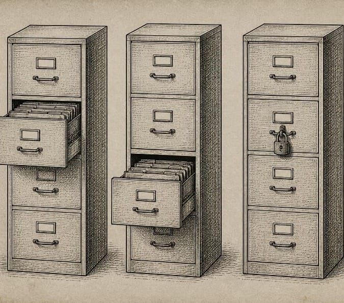 Engraved drawing of three identical filing cabinets standing in a row, two of them open and one closed with a padlock on the handle.