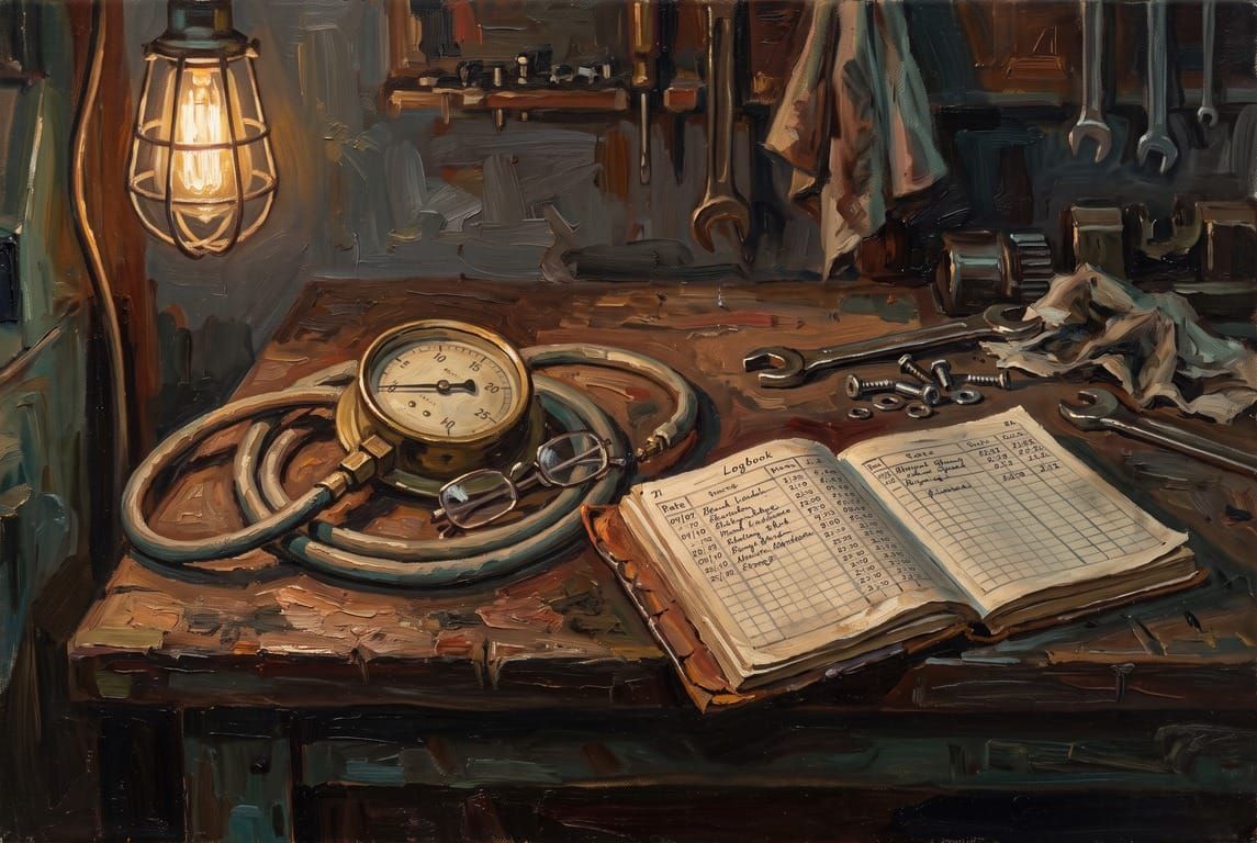 An oil painting of a workshop bench at the end of the day: a brass pressure gauge, reading glasses, and an open paper logbook under a caged lamp