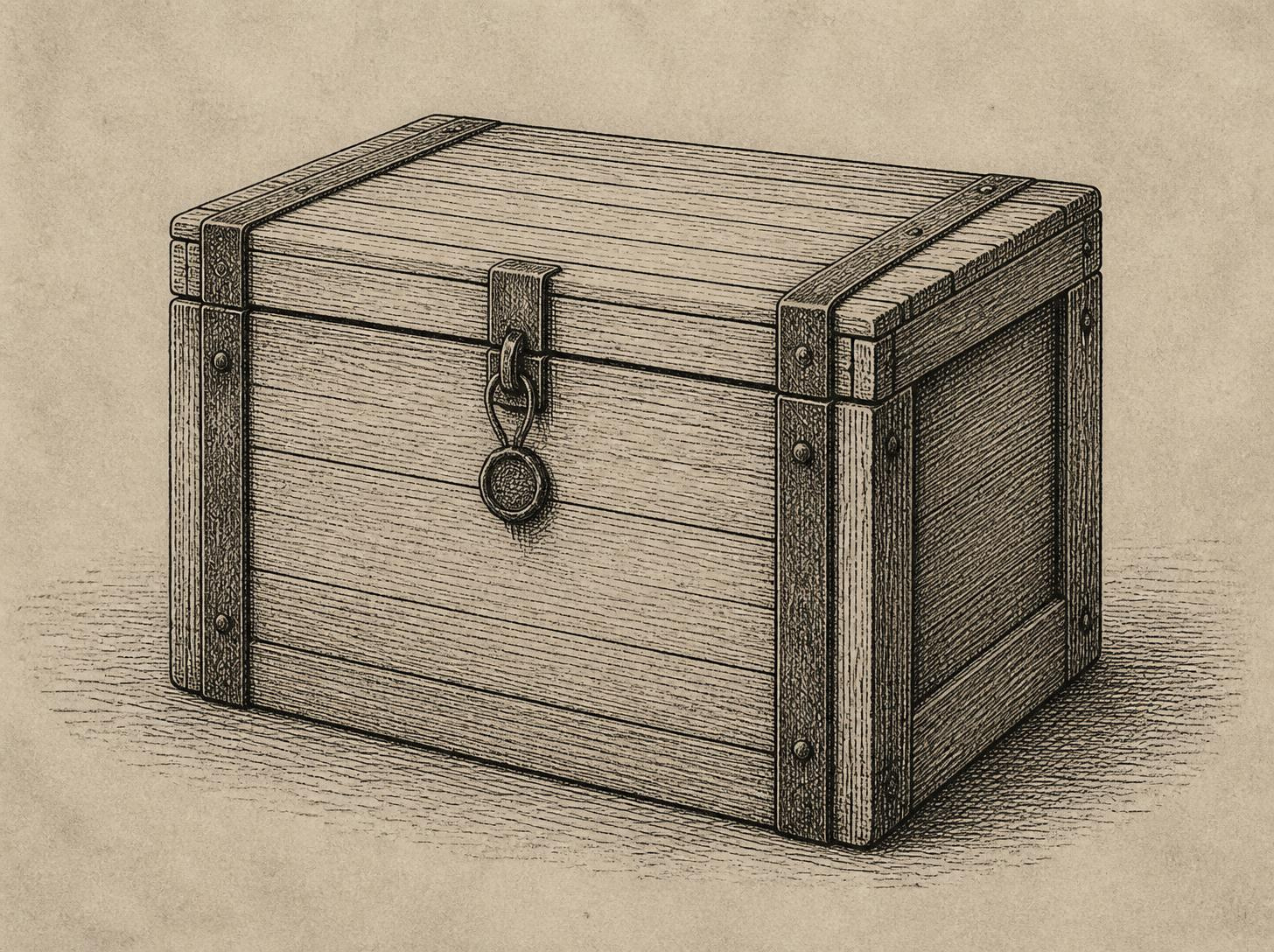 Engraved drawing of a sealed wooden shipping crate with iron banding and a small numbered lead seal on the hasp.