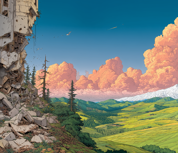 A scene with chaotic ruins on the left, and a verdant peaceful valley on the right.