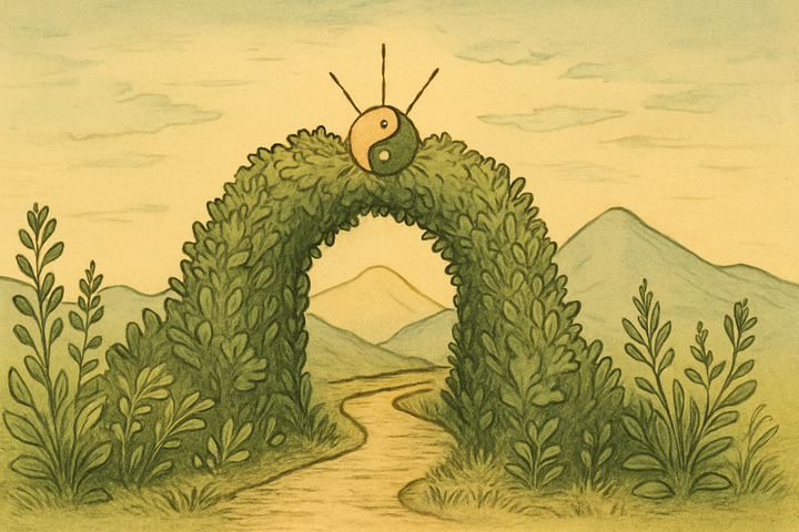 An illustration of an arched hedge leading to a mountainous path. The arch is adorned with a taiji (yin/yang) symbol and has acupuncture needles.
